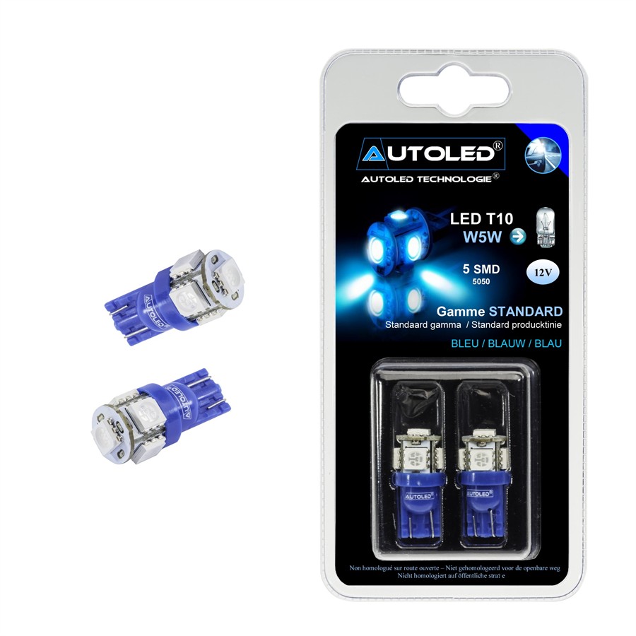 2 blauwe lampen AUTOLED T10 5 LEDS Auto5.be