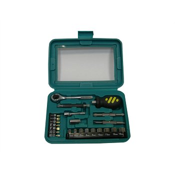 Mallette cl&eacute; &agrave; cliquet carr&eacute; 1/4'' + douilles 6 pans 5-13 mm et embouts 25 pi&egrave;ces